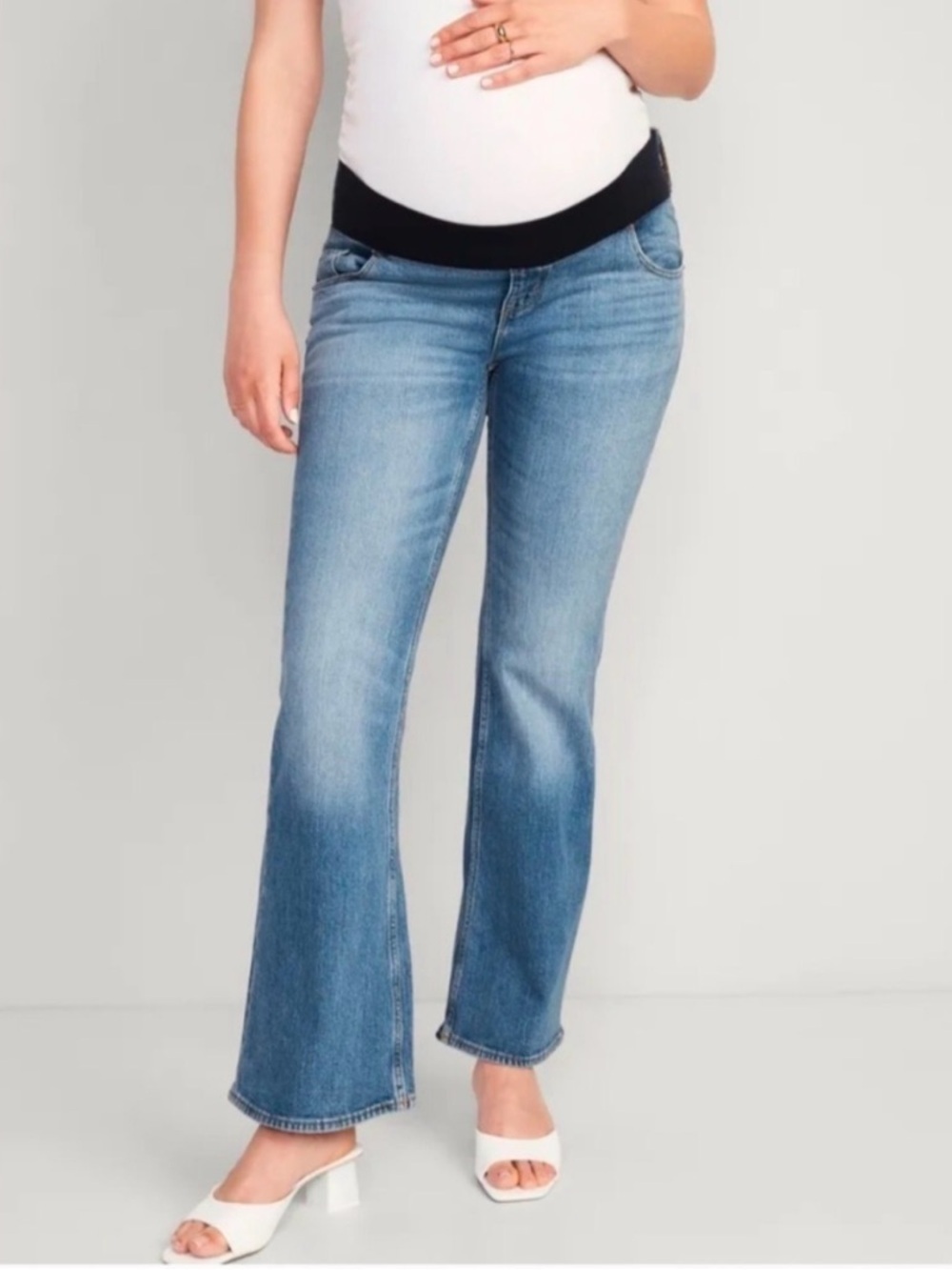 Old Navy Maternity Flare Front Low Panel Jeans Medium Wash Denim Under Belly
